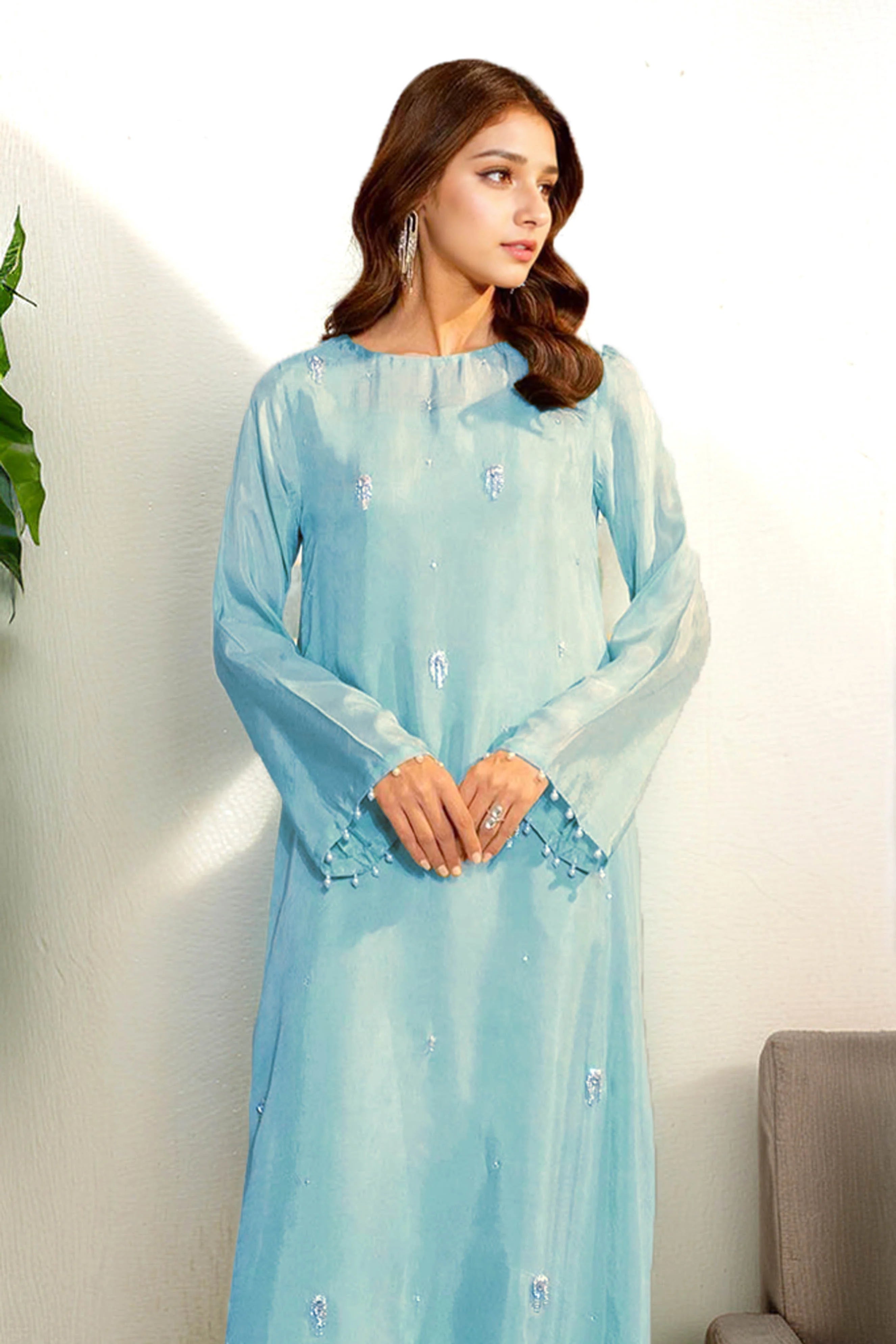 Crystal Embellished Sky Blue Floor-Length Dress